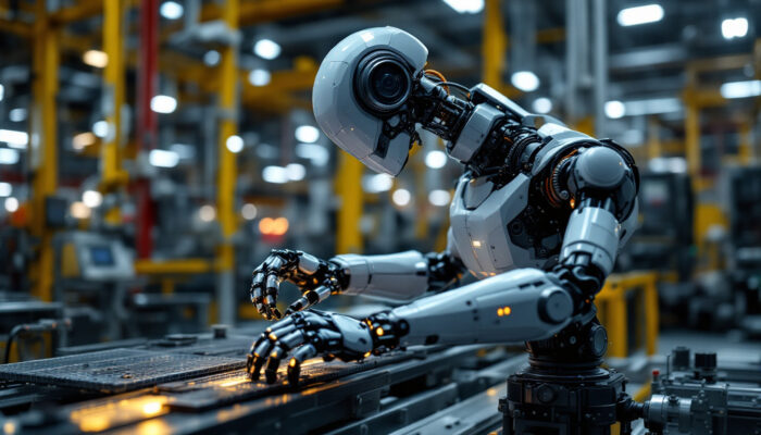 A photograph of a modern industrial robot in action on a factory floor