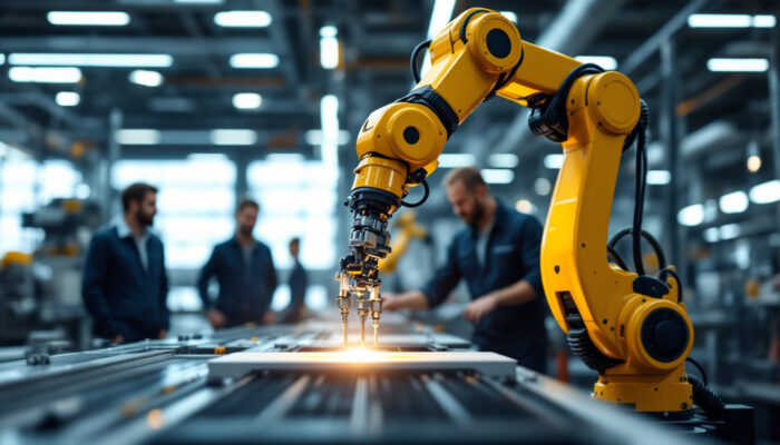 A photograph of a modern industrial setting featuring a robotic arm in action