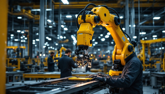 A photograph of capture a photograph of an industrial robotic arm in action within a manufacturing environment