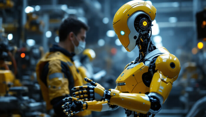 A photograph of a humanoid robot in an industrial setting
