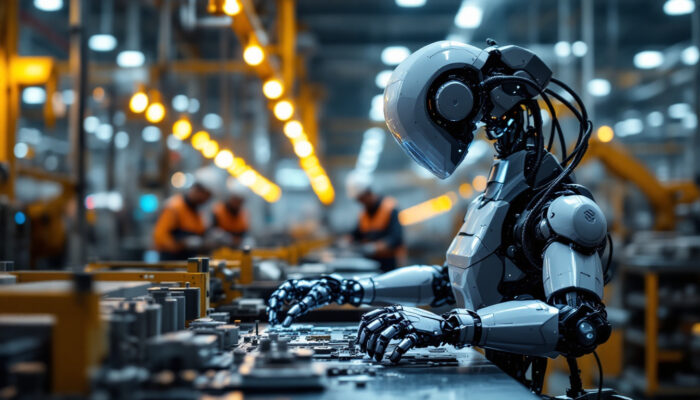 A photograph of a sleek industrial robot in action within a manufacturing environment