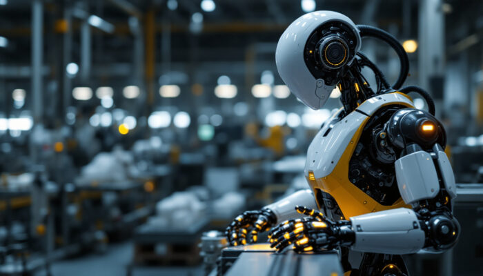 A photograph of a sleek industrial robot in action within a manufacturing environment