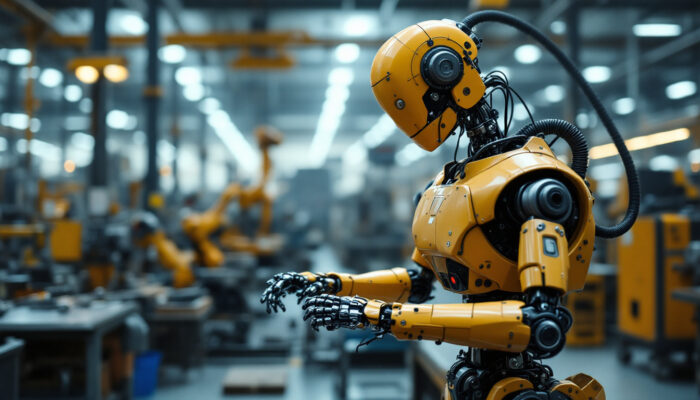 A photograph of a vintage industrial robot in action within a factory setting