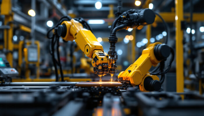 A photograph of a modern industrial robotic arm in action within a manufacturing environment
