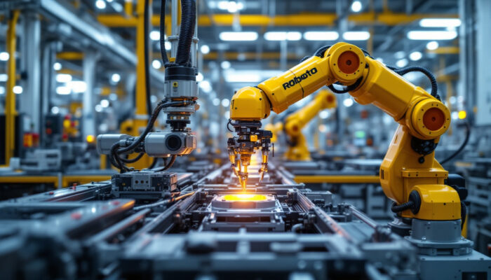 A photograph of a robotic arm performing an inspection task on a complex industrial assembly line