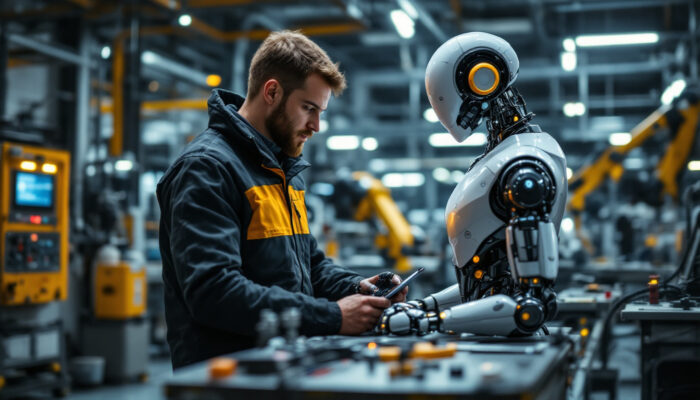 A photograph of a skilled engineer programming a sleek industrial robot in a modern workshop