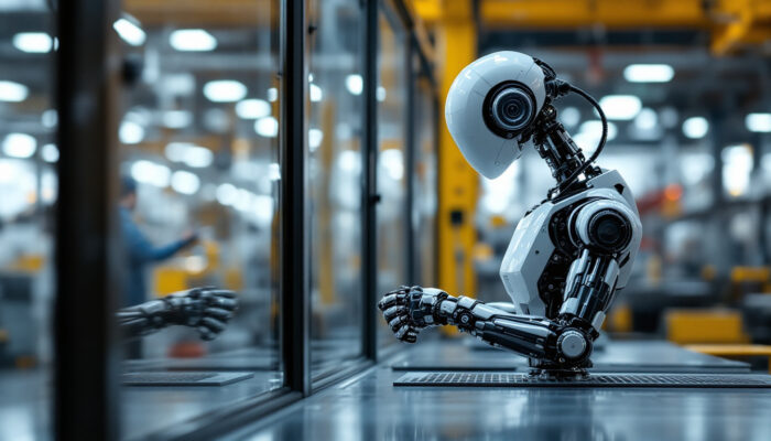 A photograph of a modern industrial robot in action on a factory floor