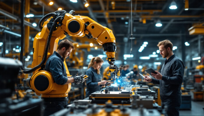 A photograph of a dynamic industrial robotics workspace