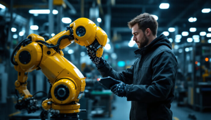 A photograph of a skilled technician inspecting or programming a collaborative industrial robot in a modern manufacturing setting