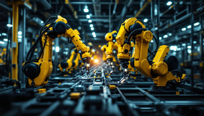 A photograph of a dynamic robotic assembly line in action