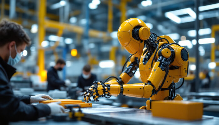 A photograph of a modern industrial robot in action on a factory floor