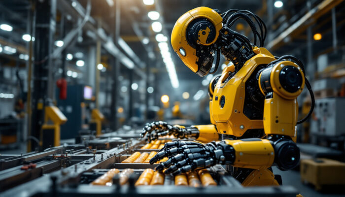 A photograph of a modern industrial robot in action within a manufacturing environment
