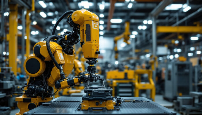 A photograph of a modern industrial robot in action within a manufacturing environment