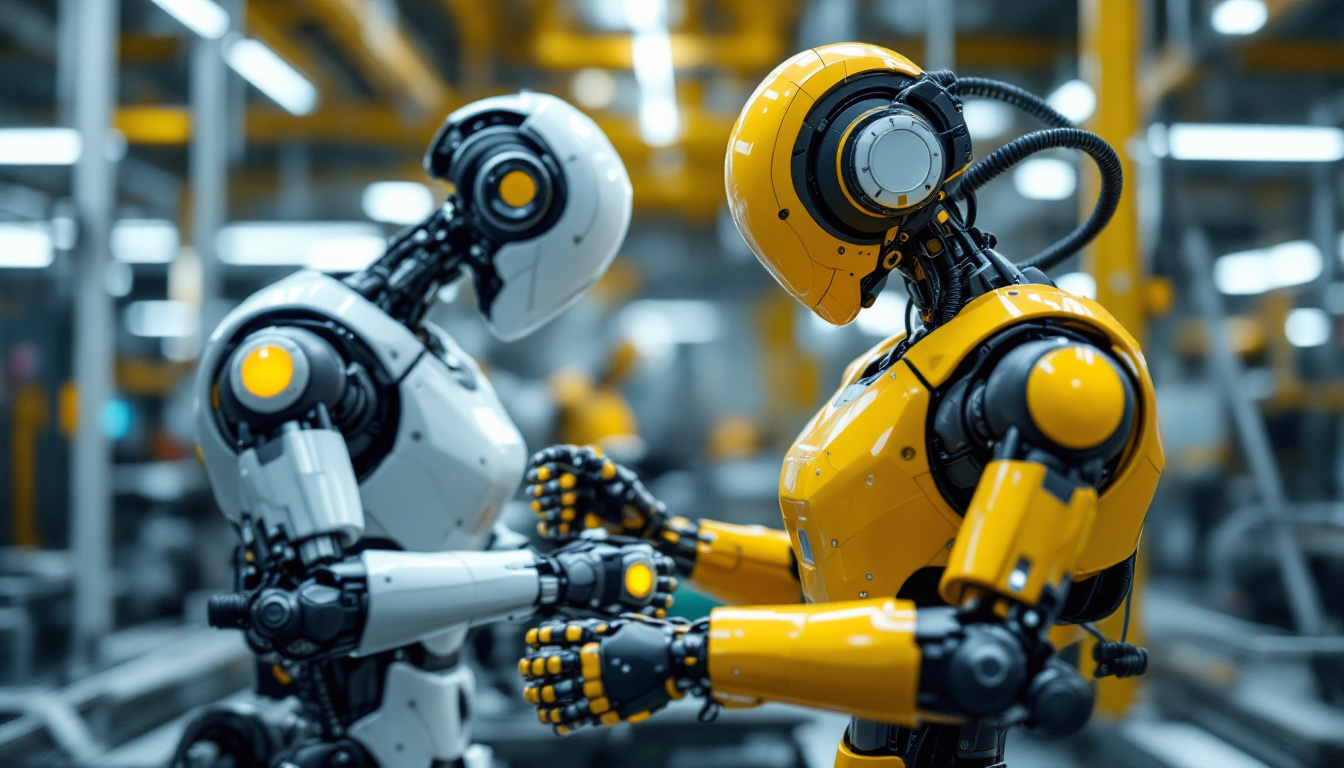 A photograph of a sleek industrial robot in action within a manufacturing environment