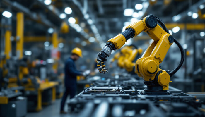A photograph of a modern industrial robotic arm in action