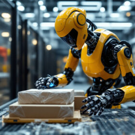 A photograph of a sleek industrial robot in action