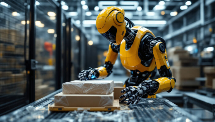 A photograph of a sleek industrial robot in action
