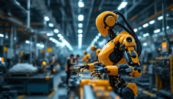 A photograph of a modern industrial robot in action within a manufacturing facility
