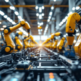 A photograph of a dynamic scene inside an automated factory
