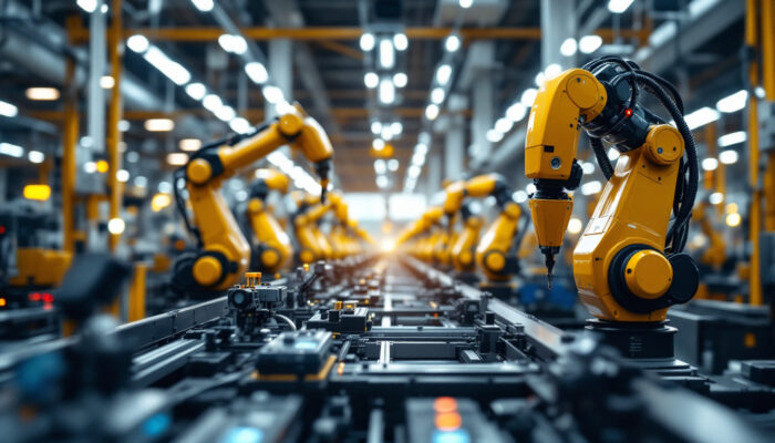 A photograph of a dynamic scene inside an automated factory