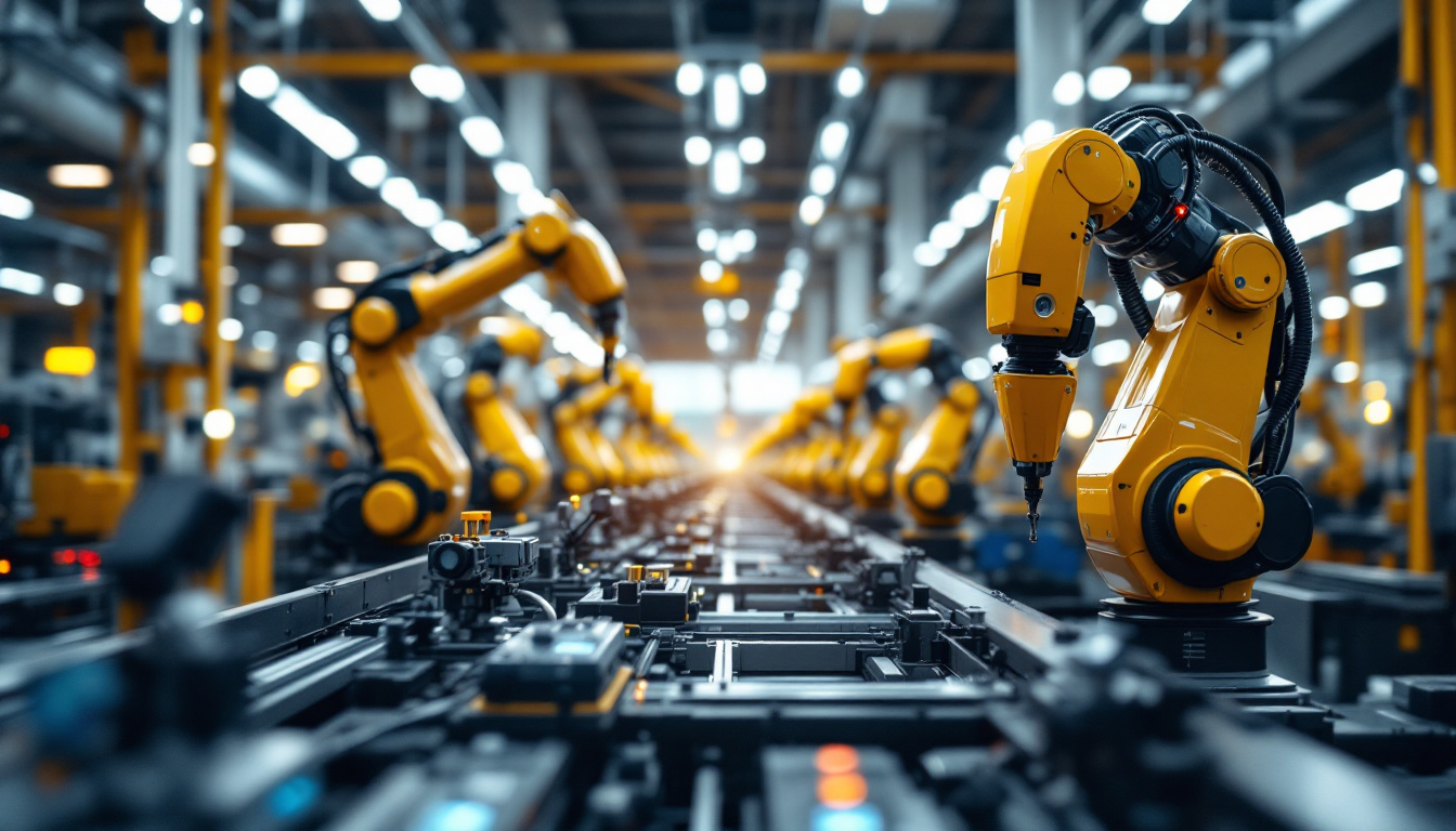 A photograph of a dynamic scene inside an automated factory