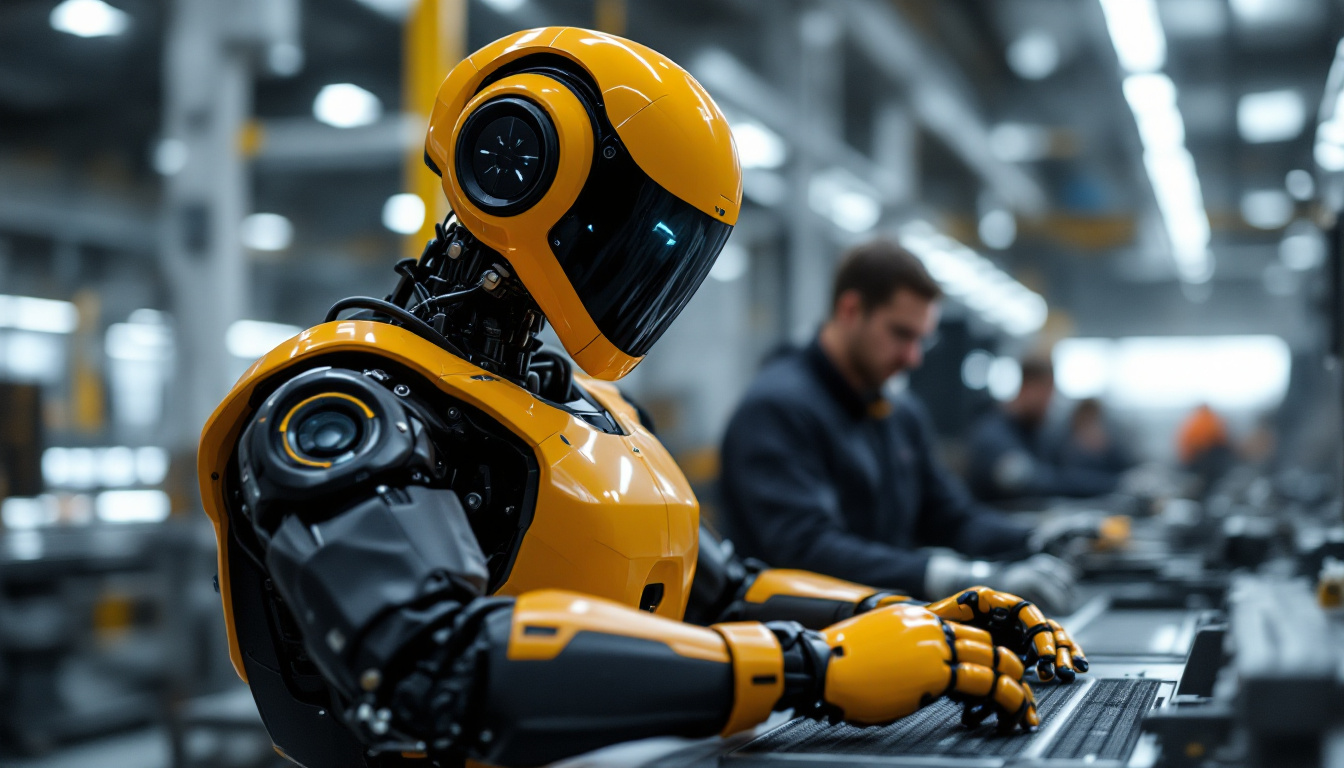 A photograph of a tesla optimus robot in an industrial setting