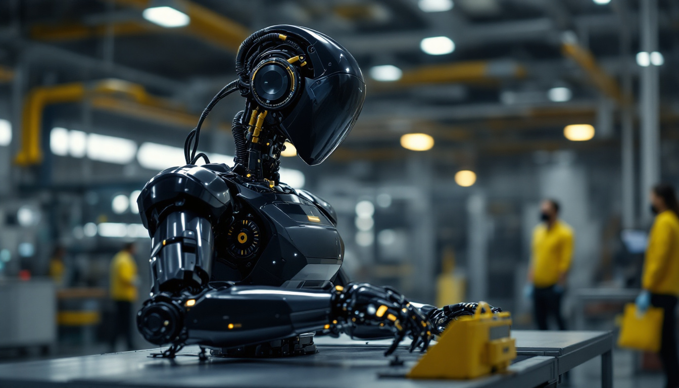 A photograph of a tesla optimus robot in an industrial setting