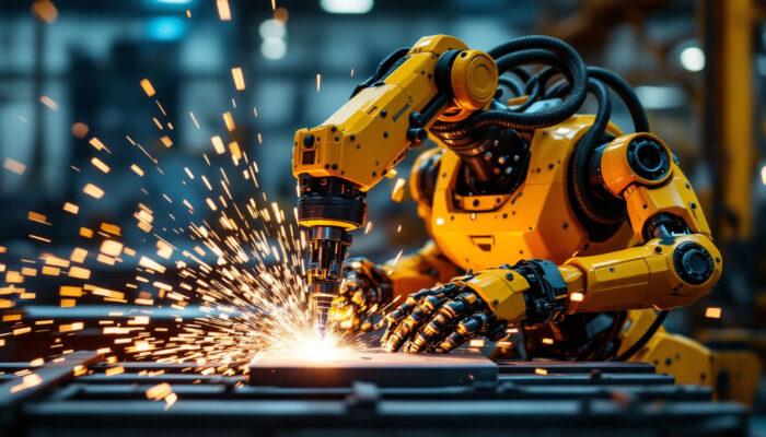 A photograph of a robotic welder in action