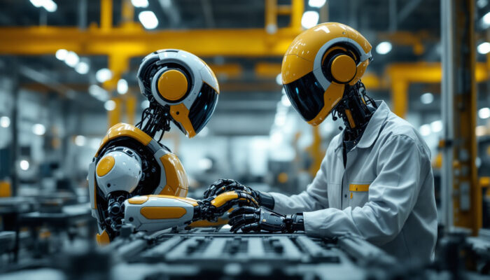 A photograph of a tesla bot in an industrial setting