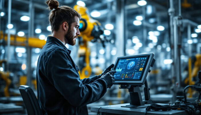 A photograph of a skilled technician programming an industrial robot in a modern factory setting
