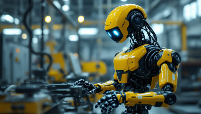 A photograph of capture a photograph of boston dynamics' spot robot in an industrial setting
