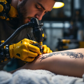A photograph of a skilled tattoo artist using an industrial robotic arm to intricately tattoo a design on a client's skin
