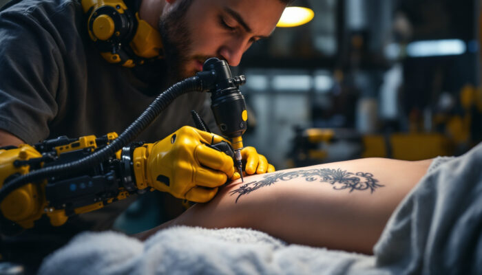 A photograph of a skilled tattoo artist using an industrial robotic arm to intricately tattoo a design on a client's skin