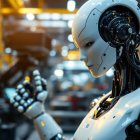 A photograph of a sleek industrial robot in action