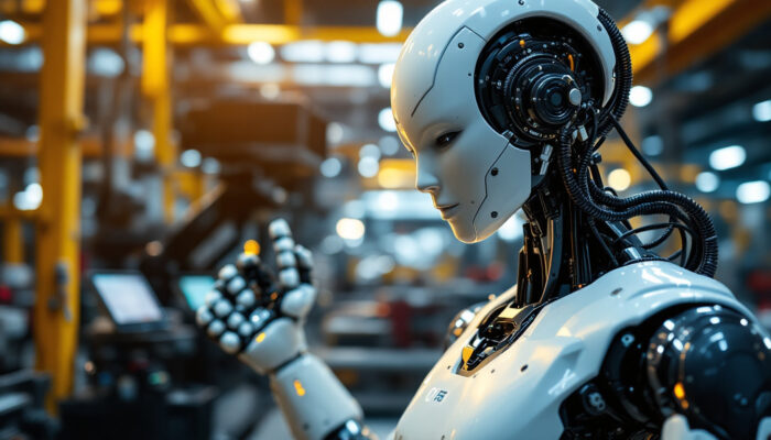 A photograph of a sleek industrial robot in action