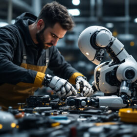 A photograph of a skilled engineer working intently on assembling a sophisticated industrial robot in a modern workshop
