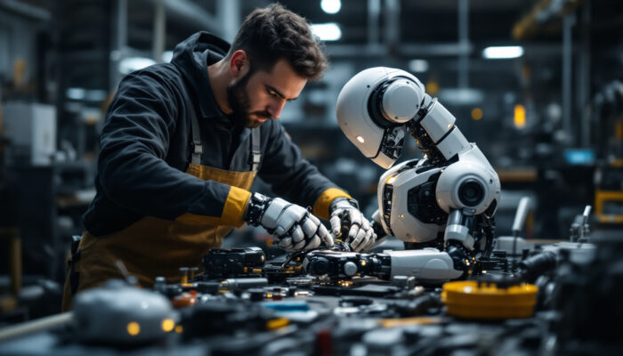 A photograph of a skilled engineer working intently on assembling a sophisticated industrial robot in a modern workshop