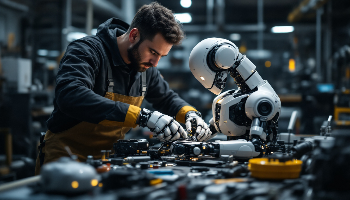 A photograph of a skilled engineer working intently on assembling a sophisticated industrial robot in a modern workshop