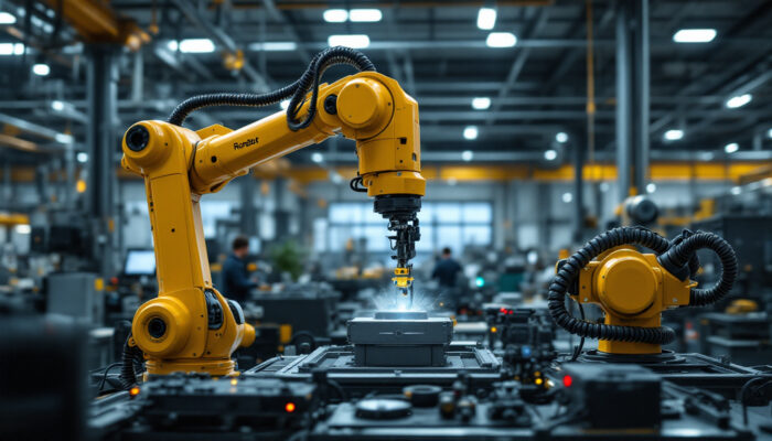 A photograph of a modern industrial workspace featuring a universal robot in action