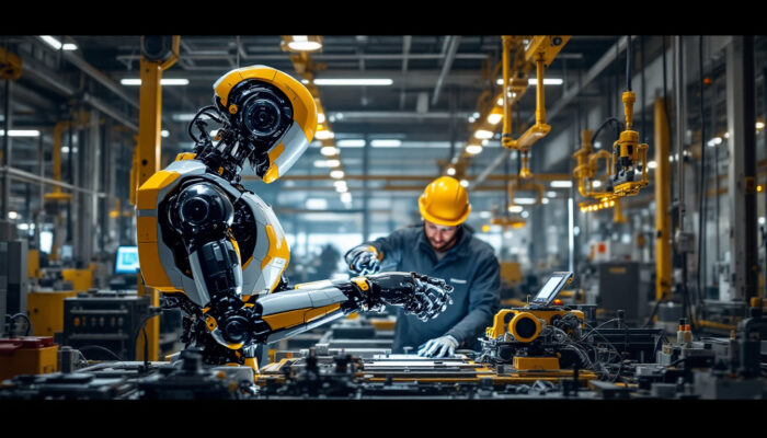 A photograph of a sleek industrial robot in action within a modern manufacturing facility