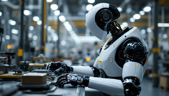 A photograph of a sleek tesla robot in an industrial setting