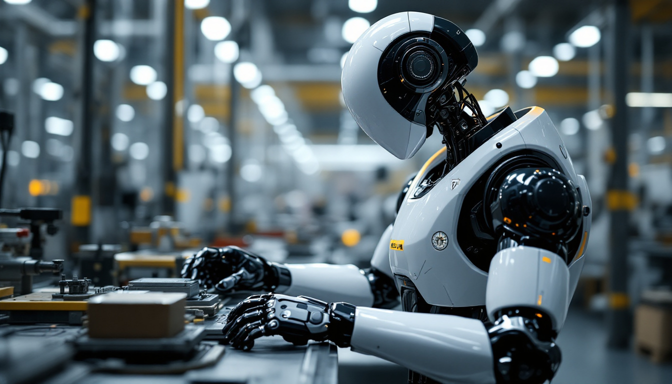 A photograph of a sleek tesla robot in an industrial setting