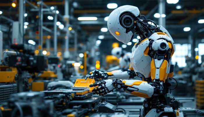 A photograph of a sleek industrial robot in action within a modern manufacturing facility
