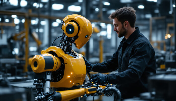 A photograph of a collaborative robot (cobot) working alongside a human in an industrial setting