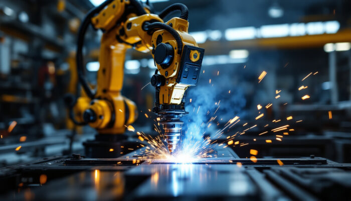 A photograph of a robotic welding system in action