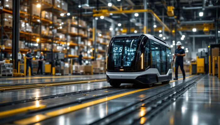 A photograph of a sleek automatic guided vehicle (agv) navigating through a modern industrial warehouse