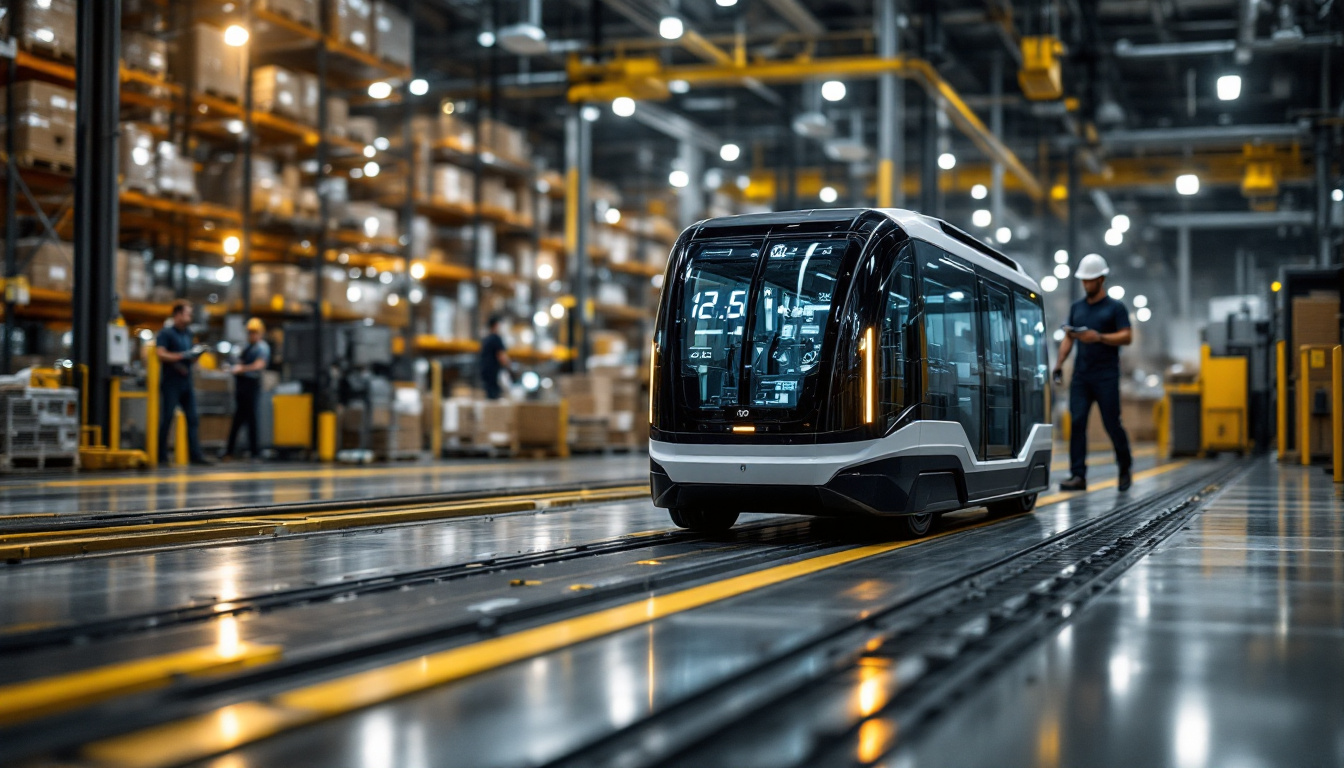 A photograph of a sleek automatic guided vehicle (agv) navigating through a modern industrial warehouse