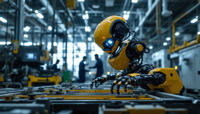 A photograph of a boston dynamics robot in action within an industrial setting
