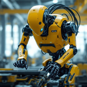 A photograph of capture a photograph of the boston dynamics atlas robot in action within an industrial setting