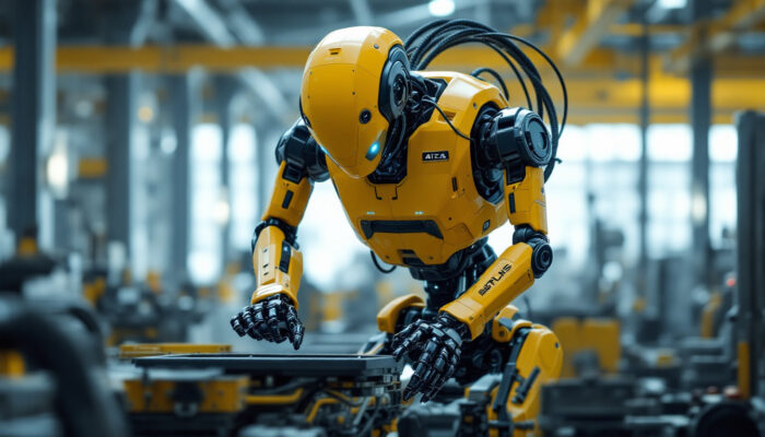 A photograph of capture a photograph of the boston dynamics atlas robot in action within an industrial setting